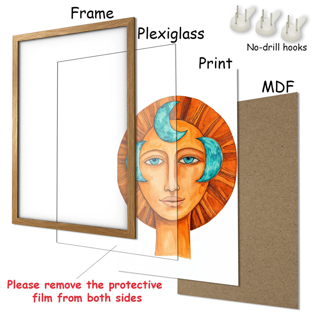 Framed Poster featuring a watercolor sun-faced artwork in warm orange and teal tones. Perfect art for your home!