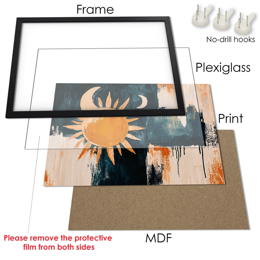 Framed Poster featuring an abstract sun and moon design in a teal, orange, and cream color palette. Elevate your space with this art print!
