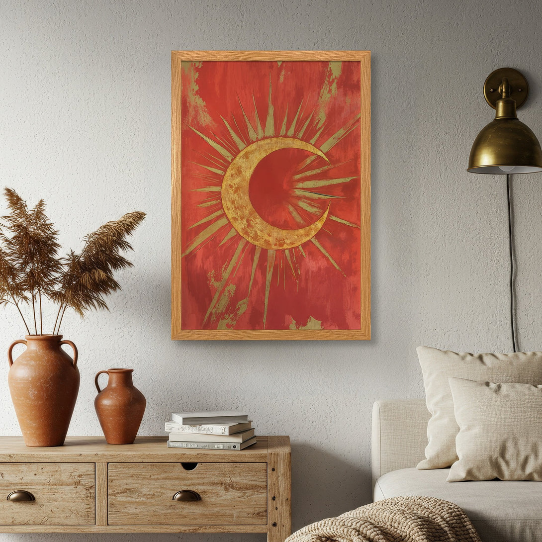 Framed Poster featuring a celestial design in a warm red and gold color palette, perfect for adding a touch of bohemian style.