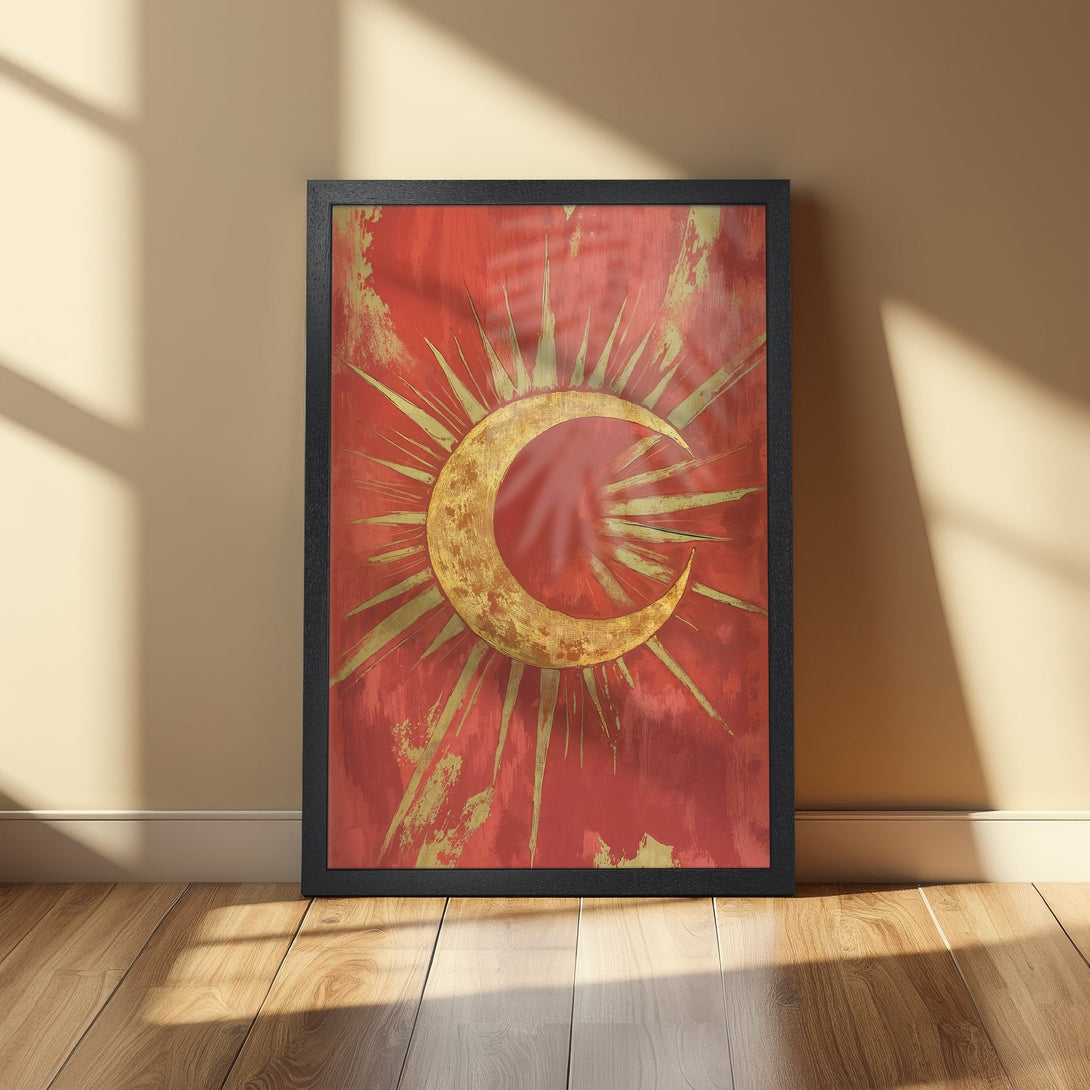 Framed Poster featuring a golden crescent moon and sunburst design on a red background. Modern art style with warm, earthy tones.