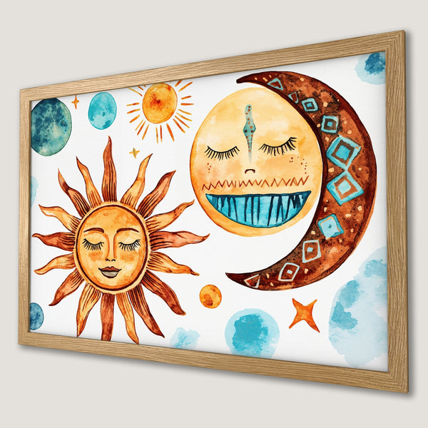 Framed Poster featuring a whimsical sun and moon watercolor design in warm orange, brown, and blue tones. Perfect wall art!