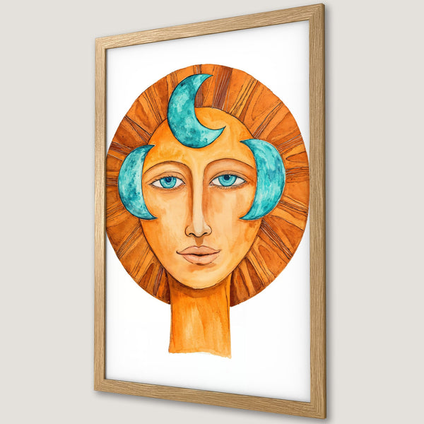 Framed Poster featuring a watercolor illustration of a sun-faced figure with teal accents. Warm orange & blue color palette, perfect wall art.