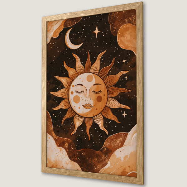 Framed Poster featuring a celestial sun and moon design in warm brown and orange tones. Boho art style, perfect for home decor.