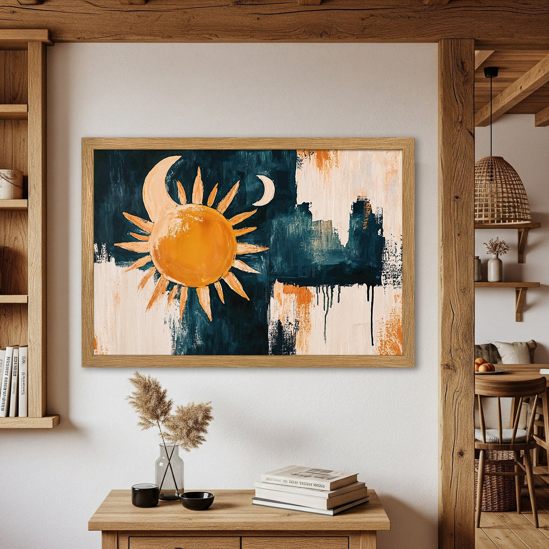 Framed Poster featuring an abstract sun and moon design. Modern art style with a warm, earthy color palette of orange, teal, and cream.