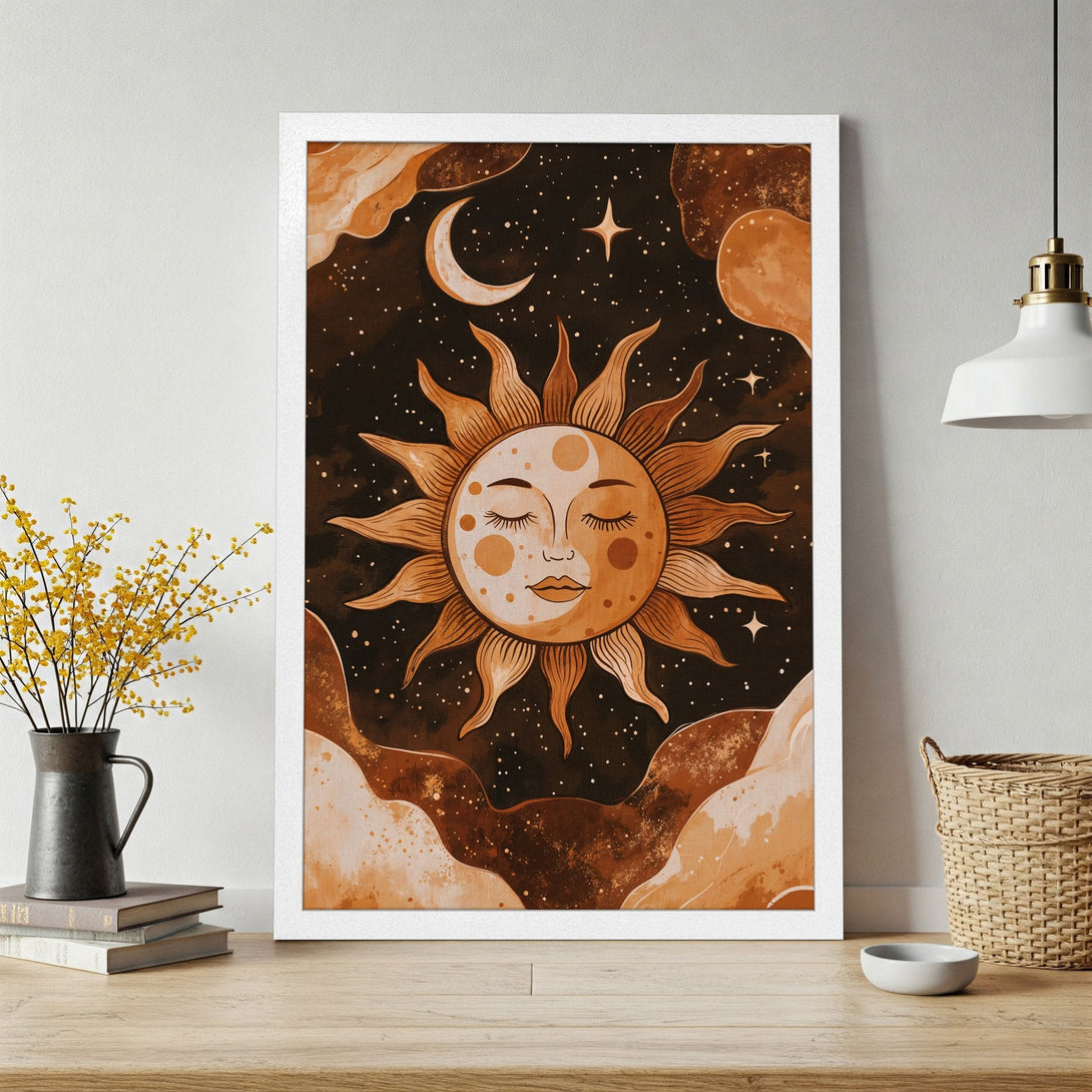 Framed Poster featuring a celestial sun design in a warm, earthy color palette. Perfect boho wall art!