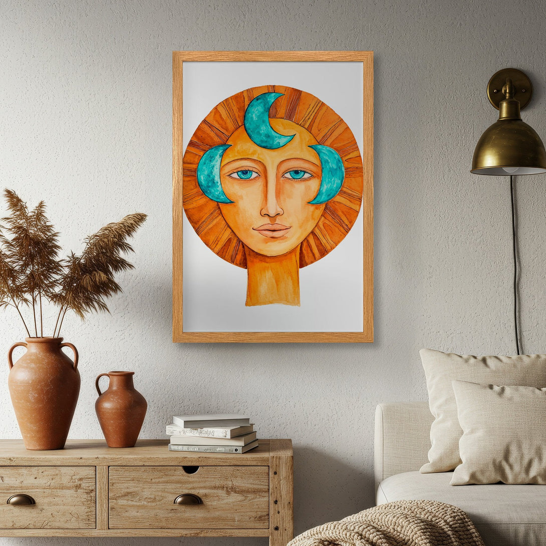 Framed Poster featuring a stylized face with turquoise accents, warm orange and brown tones. Perfect art for your home!