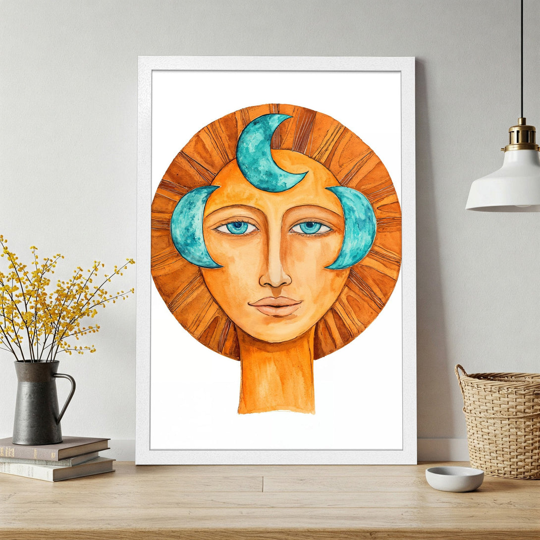 Framed Poster featuring a watercolor illustration of a sun-faced figure with teal accents. Warm orange and blue color palette, perfect for wall decor.