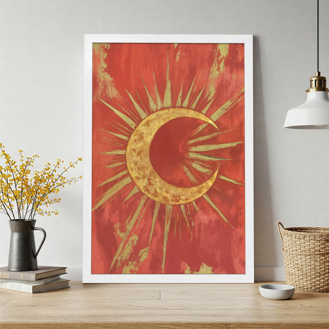 Framed Poster featuring a gold crescent moon design on a red abstract background. Modern art print with warm, earthy tones.