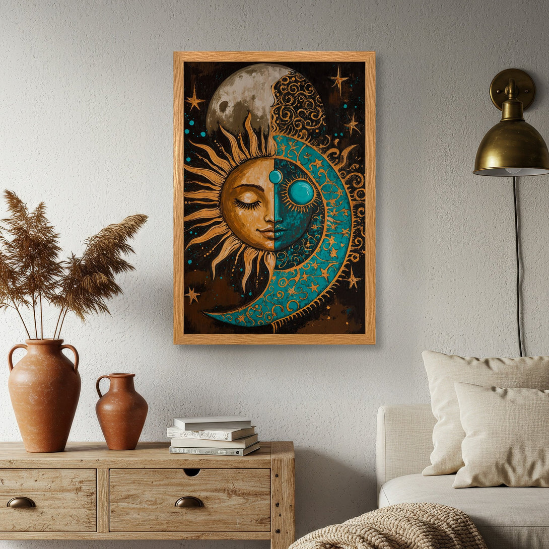 Framed Poster featuring a celestial sun and moon design in a bohemian style with a teal and gold color palette. Perfect wall art!