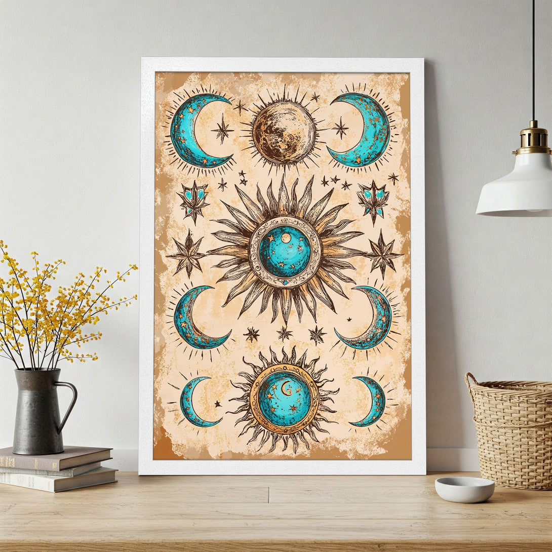 Framed Poster featuring celestial design with sun, moon, and stars in a vintage style. Color palette: teal, brown, and gold.