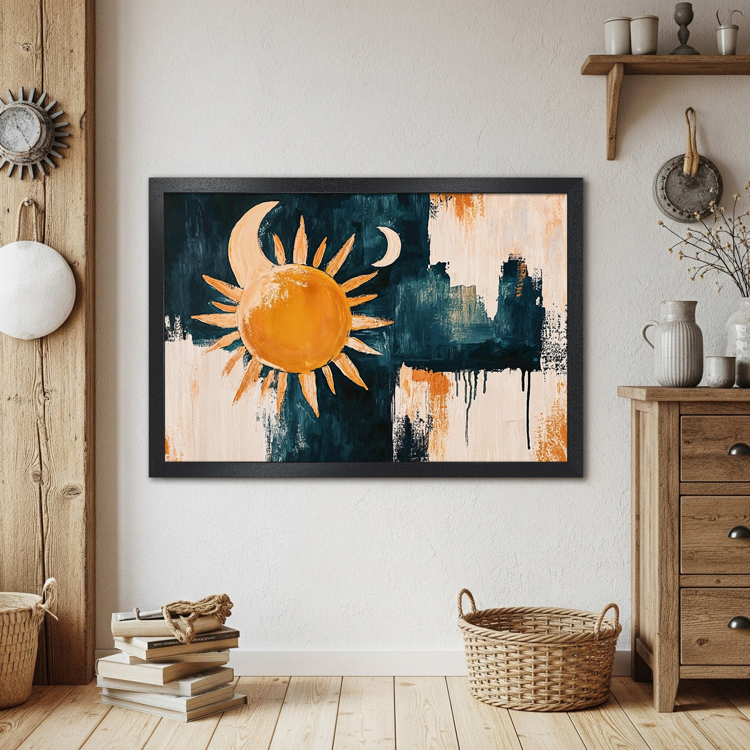 Framed Poster featuring abstract sun and moon art in orange, teal, and cream tones. Modern art for home decor.