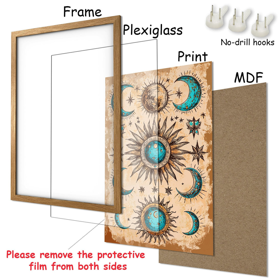 Framed Poster featuring celestial design in teal and gold. Perfect for adding a touch of boho style to your home decor.