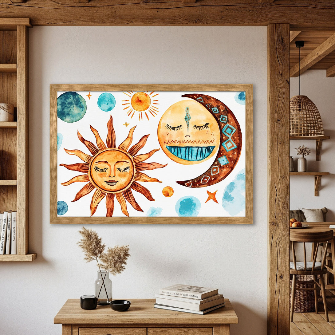 Framed Poster featuring a whimsical sun and moon watercolor illustration in warm orange, brown, and blue tones. Perfect boho wall art!