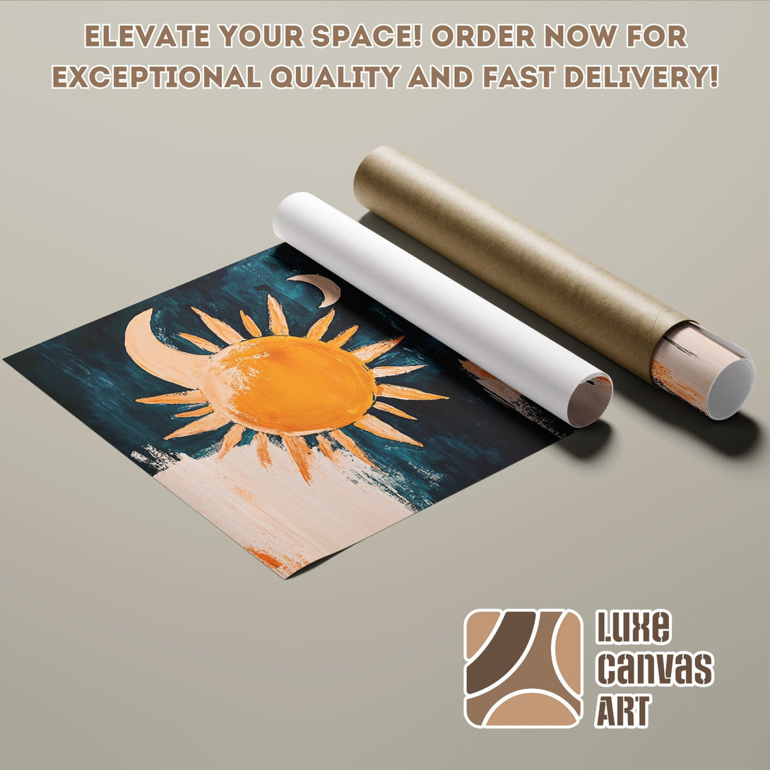 Abstract sun and moon Poster Roll art in blue, orange, and neutral tones. Elevate your space!