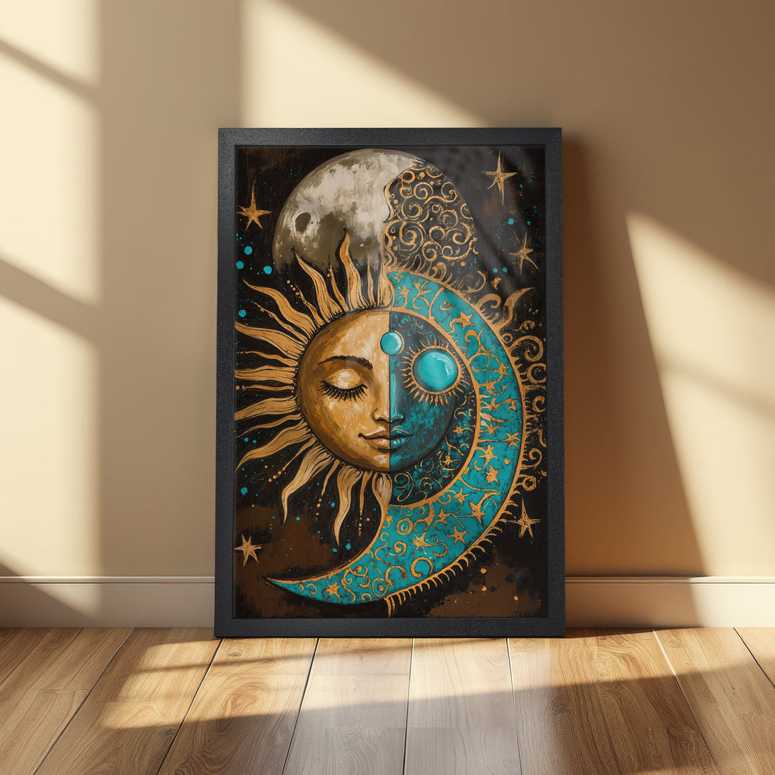 Framed Poster featuring a celestial sun and moon design in gold and turquoise on a dark background. Perfect wall art!