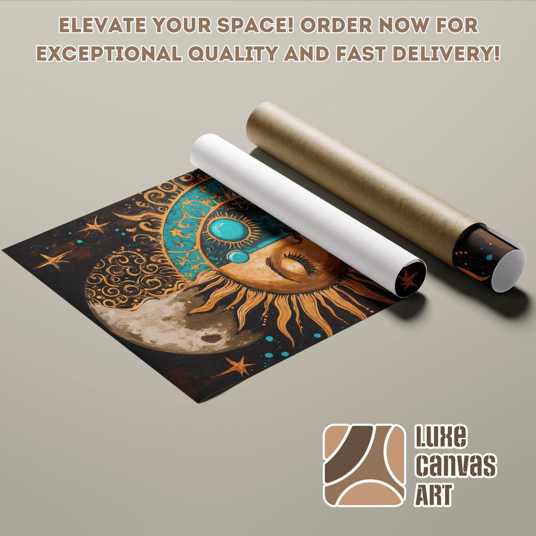 Celestial-themed Poster Roll art, showcasing sun and moon in warm tones. Elevate your space with this unique art piece!