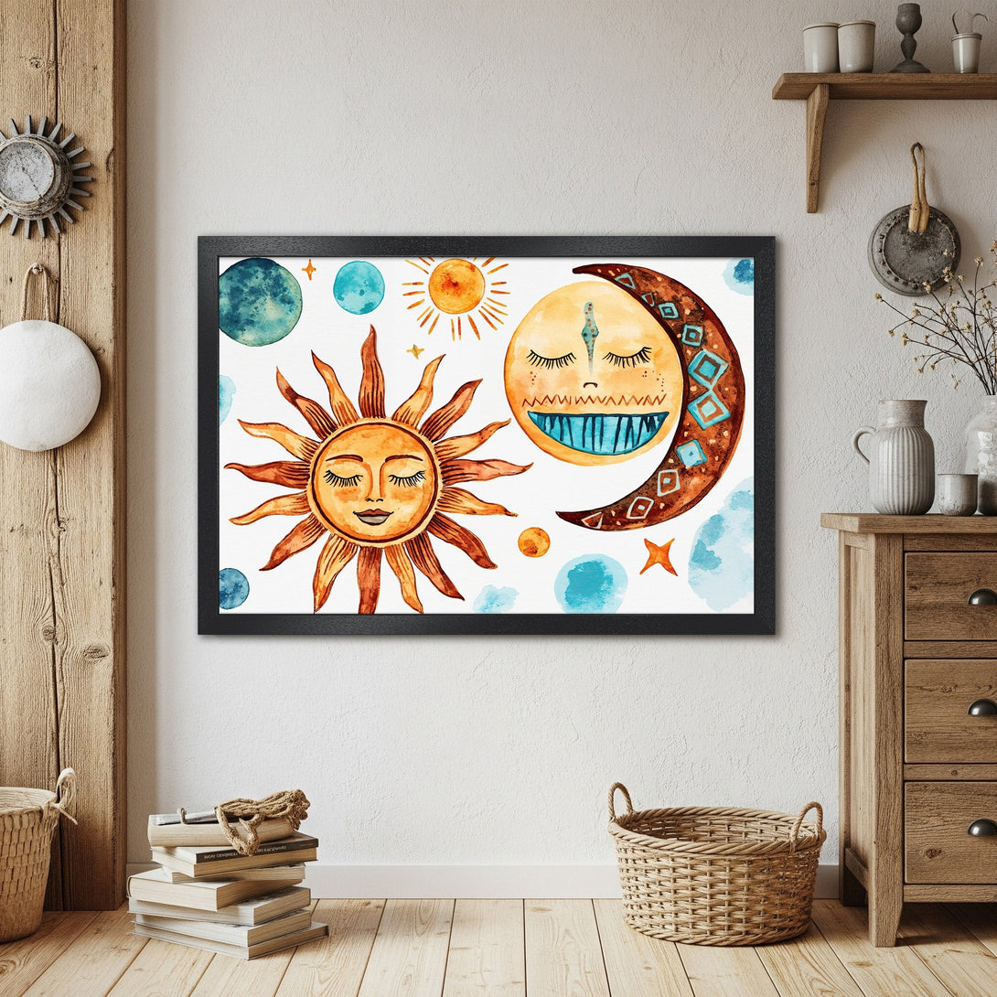 Framed Poster featuring a whimsical sun and moon watercolor design. Boho style art with warm orange and cool blue tones. Perfect wall decor!