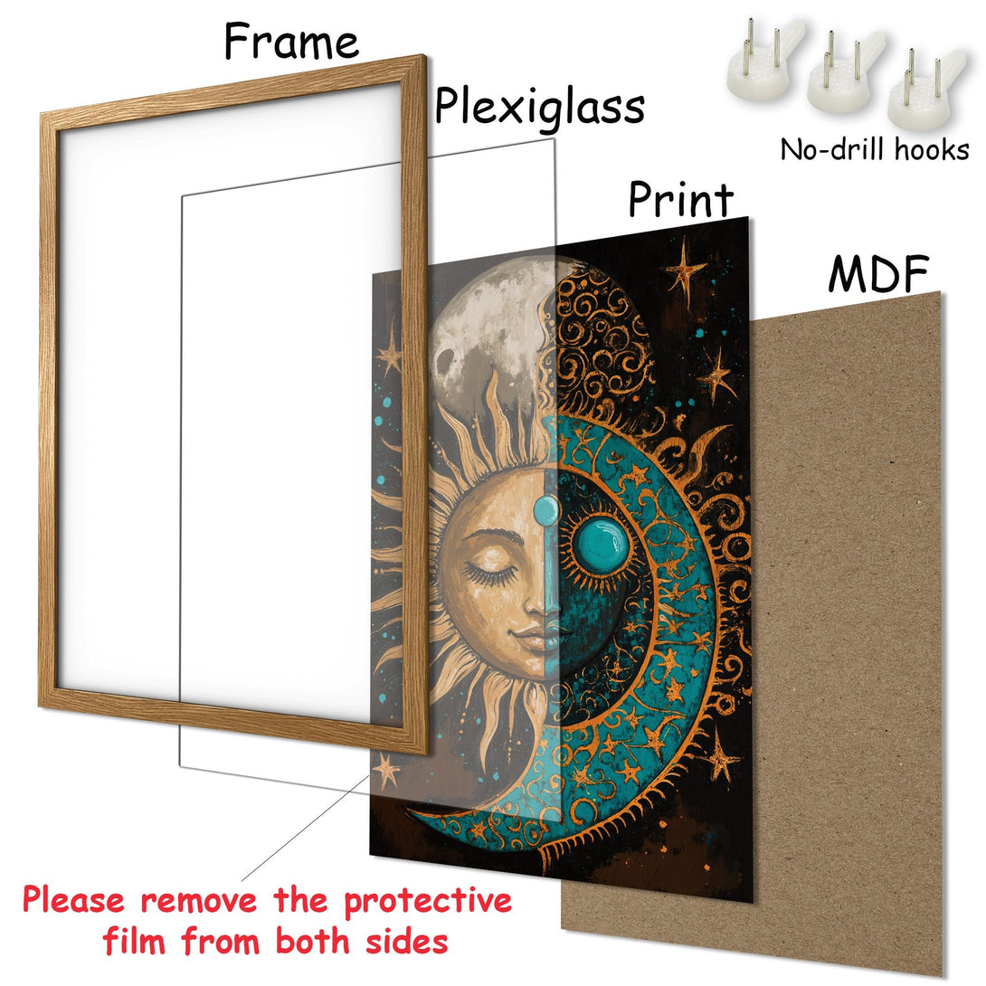 Framed Poster featuring a sun and moon design, in a boho style with teal, gold, and brown tones. Perfect wall art!
