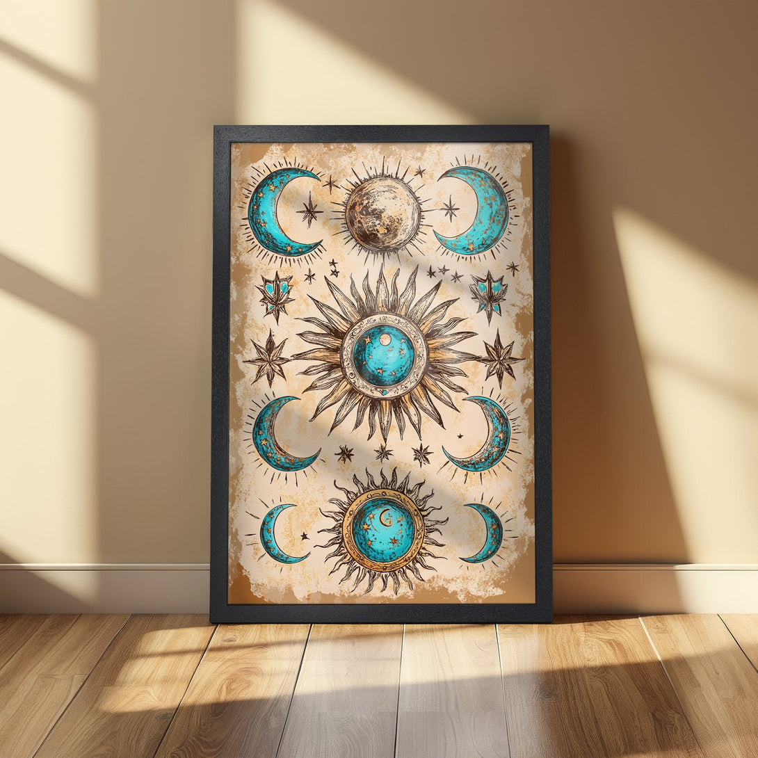 Framed Poster featuring celestial design with sun, moon, and stars. Vintage style with teal and brown color palette. Perfect wall art for any room.