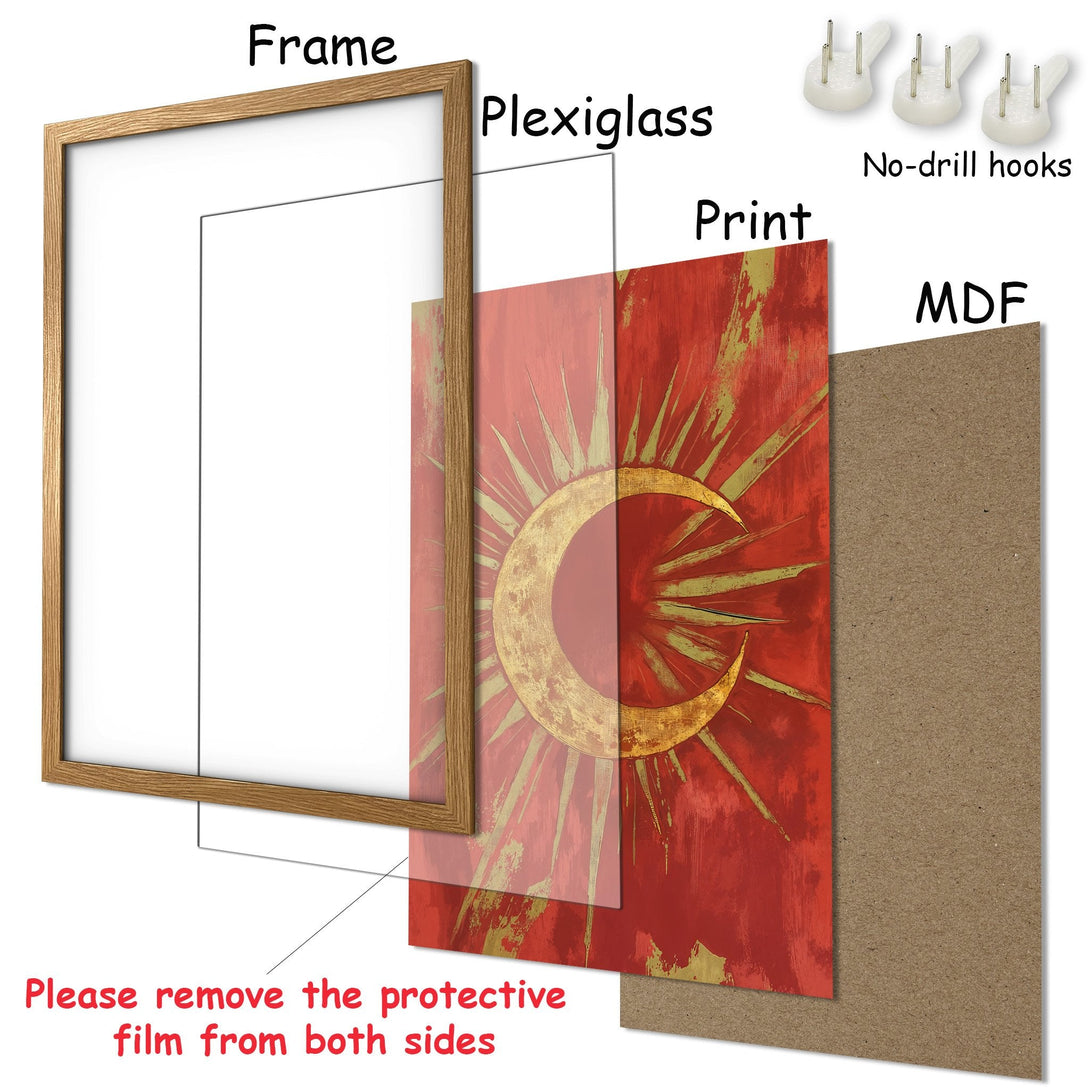 Framed Poster with abstract sun and moon art. Red, gold, and brown color palette. Modern style, ready to hang.