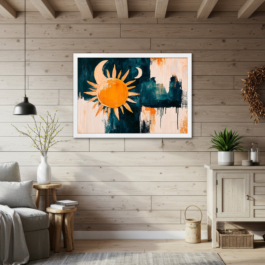 Framed Poster featuring an abstract sun and moon design in a teal, orange, and cream color palette. Modern art for your home.