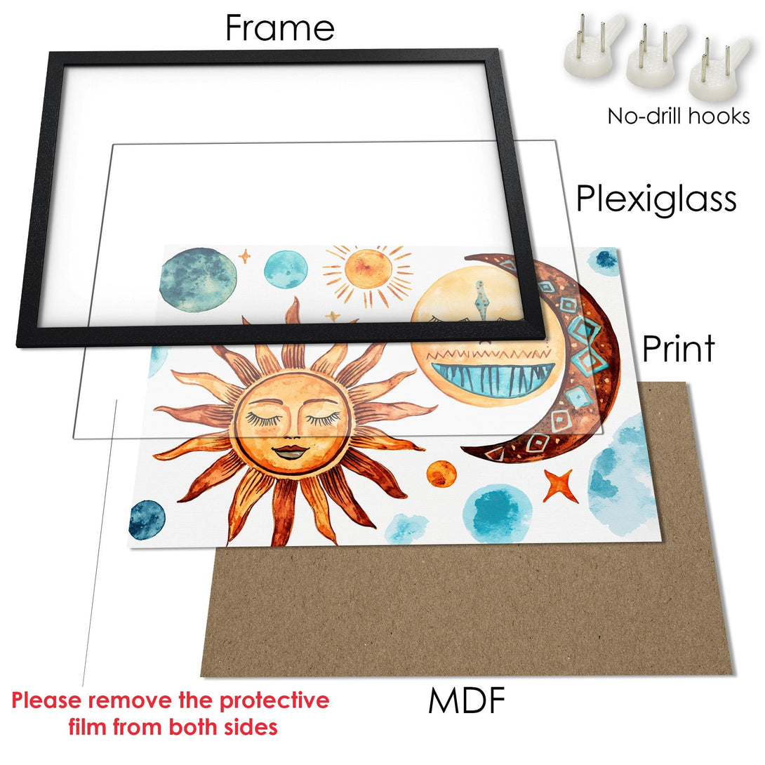 Framed Poster featuring a watercolor celestial design in warm orange, blue, and yellow tones. Perfect wall art!