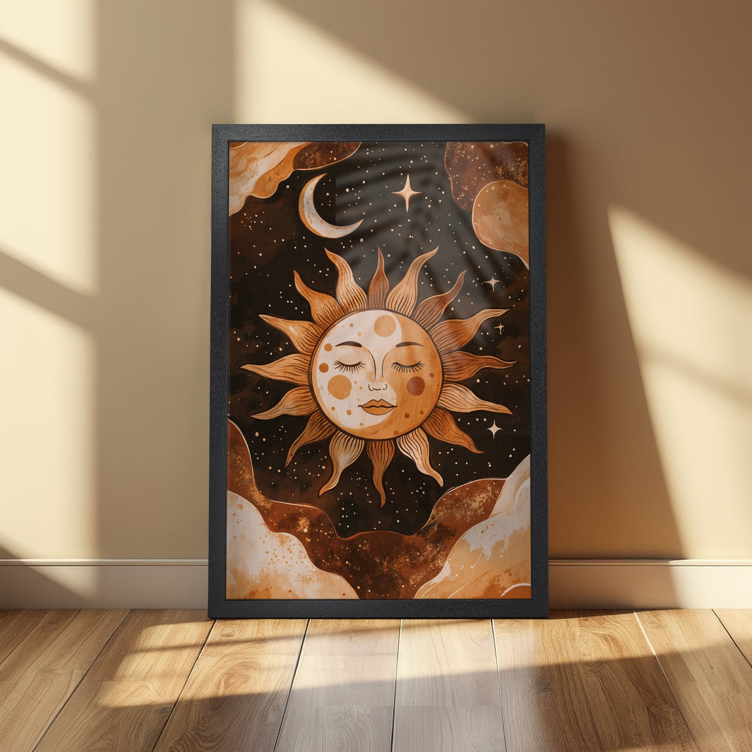 Framed Poster featuring a celestial sun and moon design in warm earth tones. Perfect wall art to add a boho touch to your home.