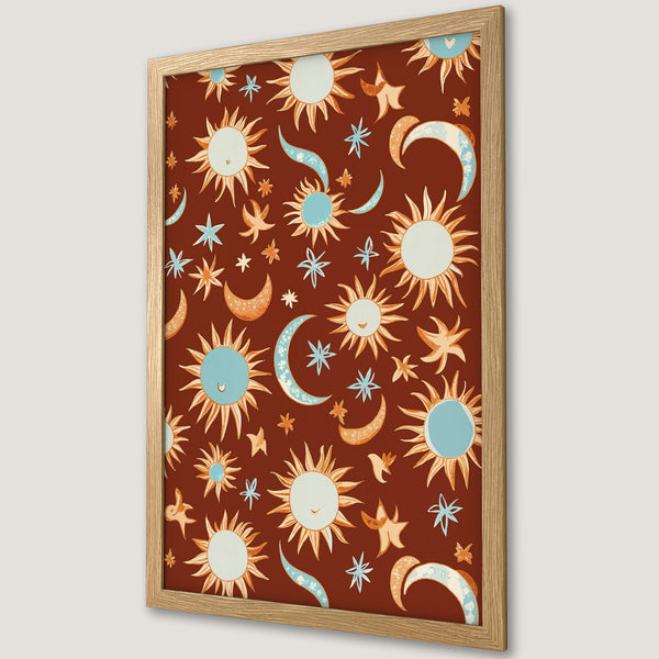 Framed Poster featuring a celestial sun and moon pattern in a warm, earthy color palette. Perfect for adding bohemian vibes to any room.