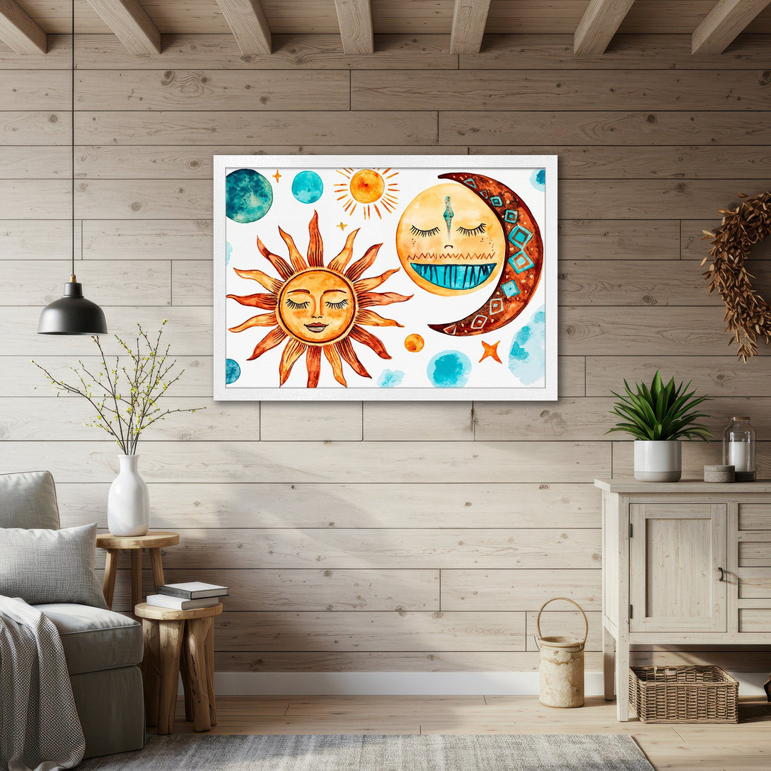 Framed Poster featuring a watercolor sun and moon design in orange, teal, and brown. Boho style wall art for your home.