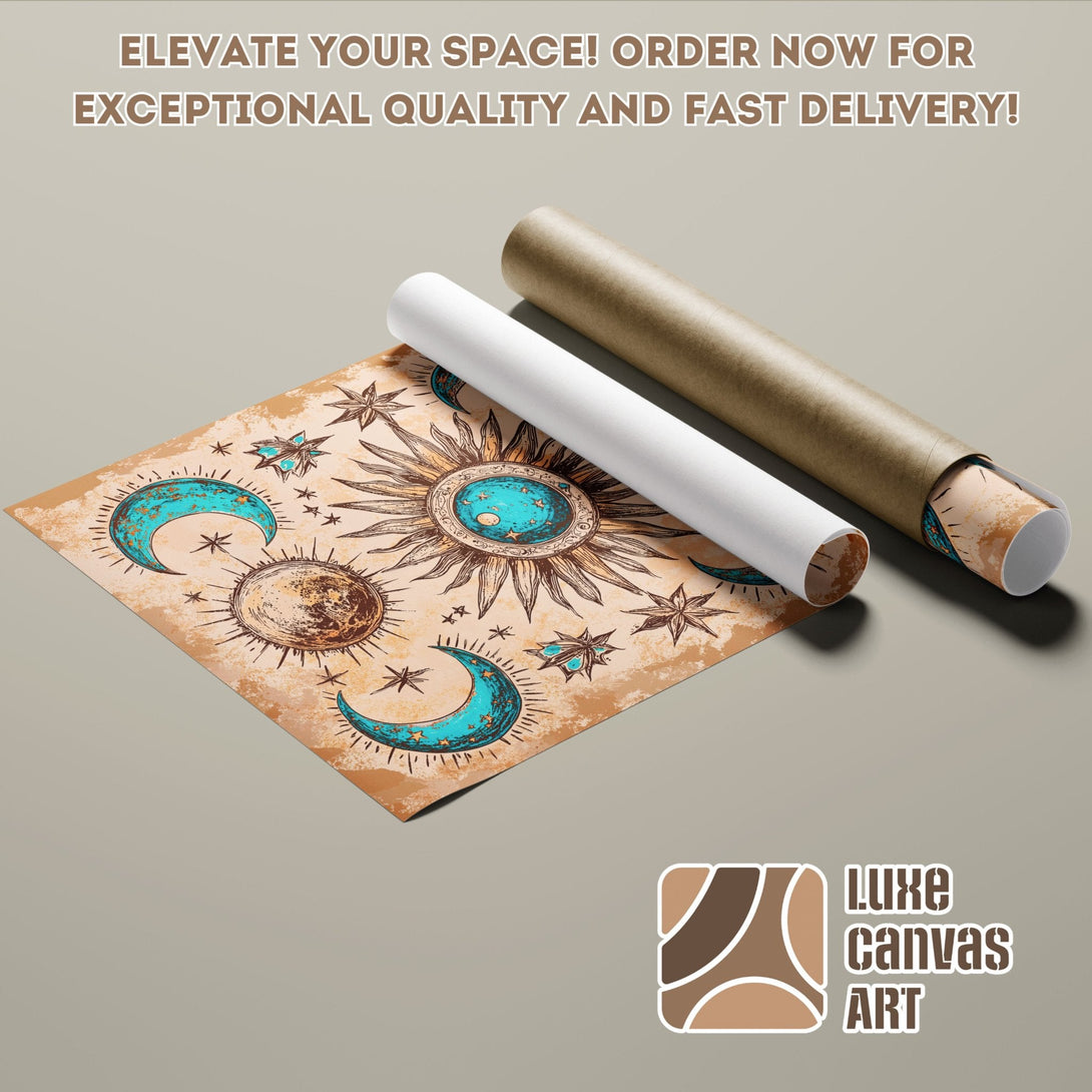 Poster Roll of celestial art in a vintage style with a teal and brown color palette. Elevate your space with Luxe Canvas Art!