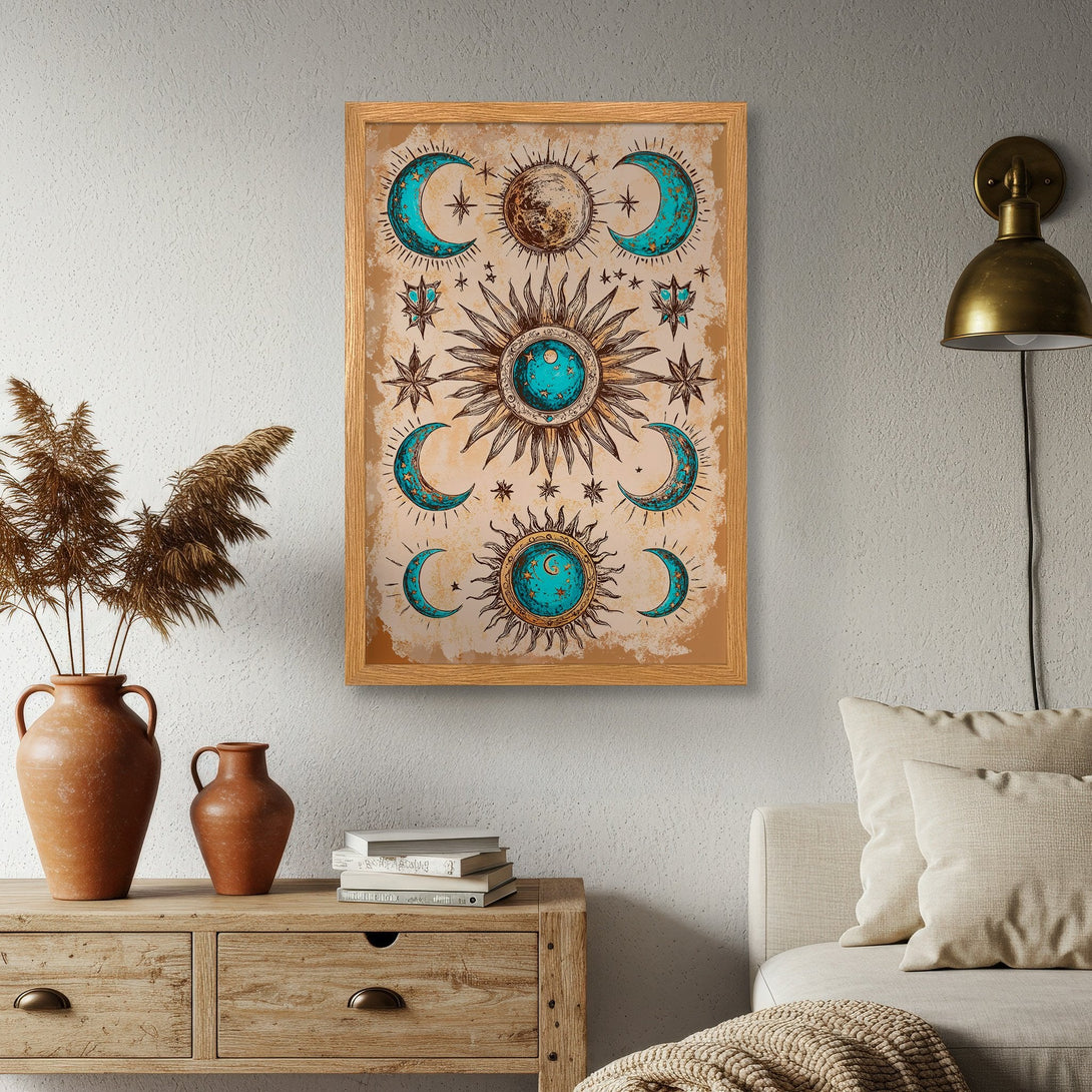 Framed Poster featuring celestial design in teal and brown, perfect for adding a touch of bohemian style to your home decor.