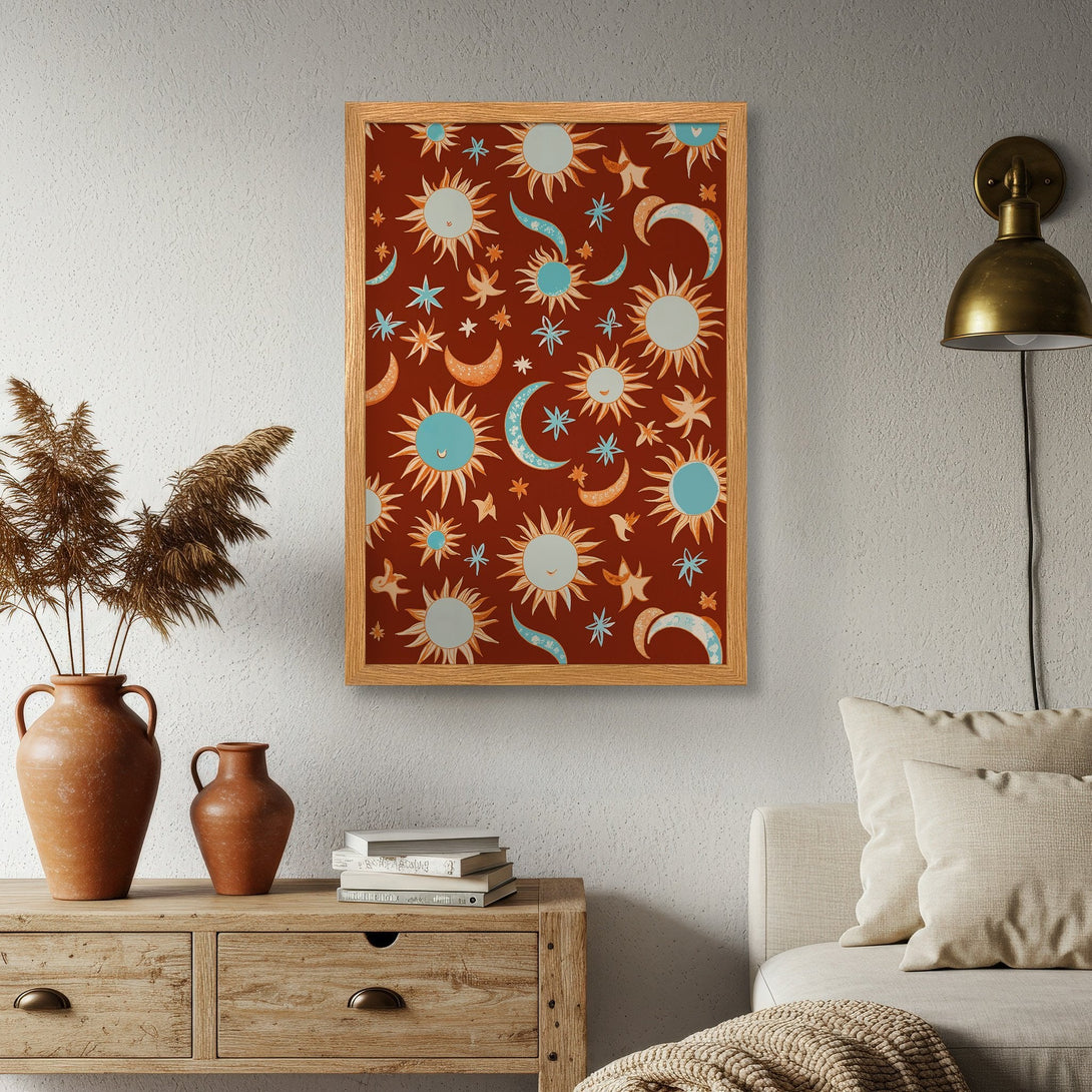 Framed Poster featuring a celestial design with suns, moons, and stars. Earthy tones and boho style. Perfect wall art!