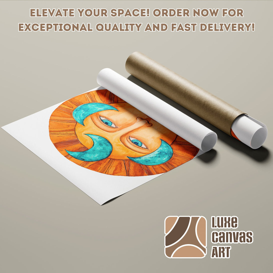 Poster Roll featuring a whimsical sun illustration in orange and teal. Perfect art for any room!