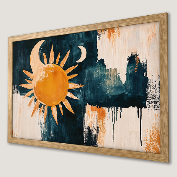 Framed Poster featuring a sun and moon abstract art piece in a modern style with an orange and teal color palette.