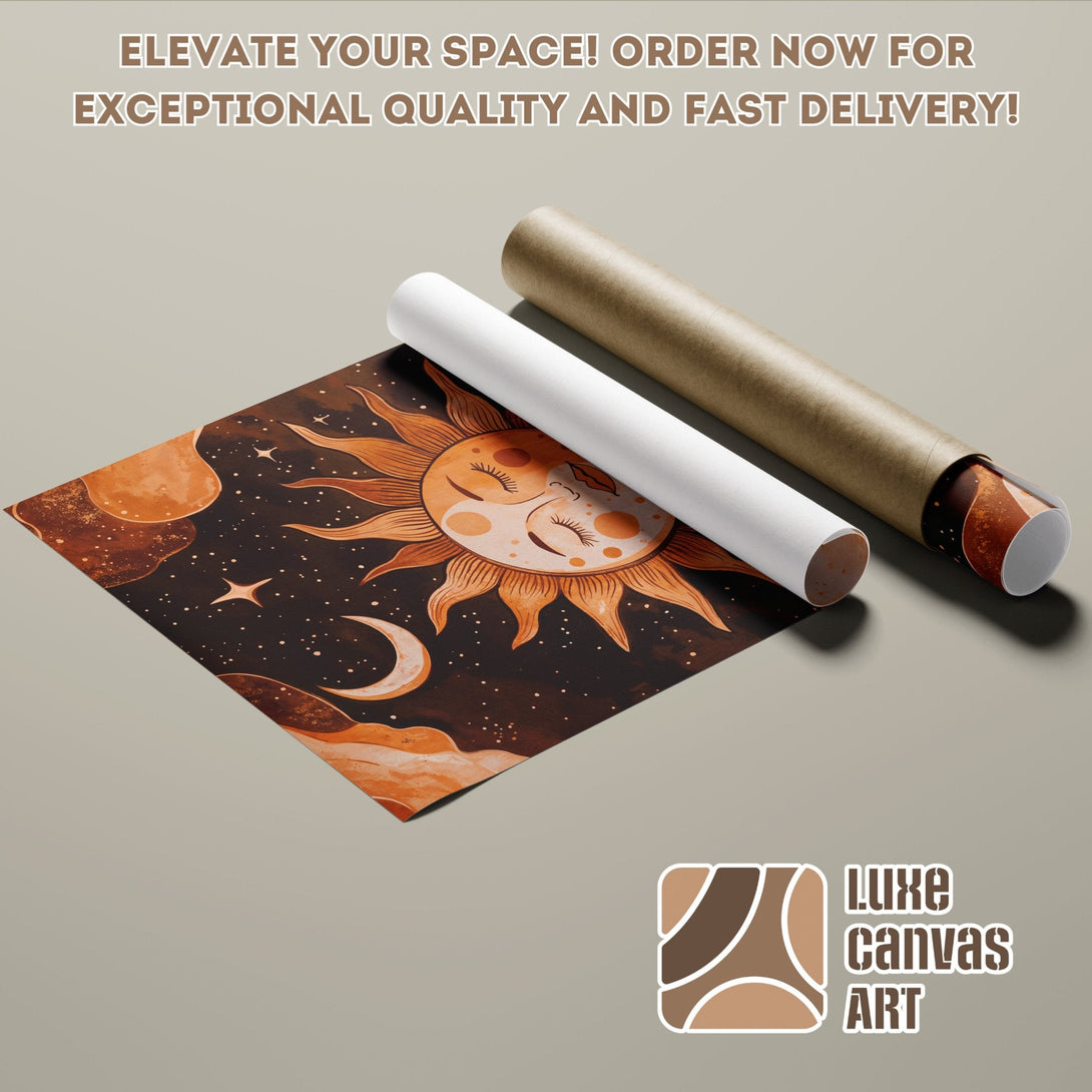 Poster Roll featuring a celestial sun and moon design in warm earth tones. Elevate your space with this stylish art print.