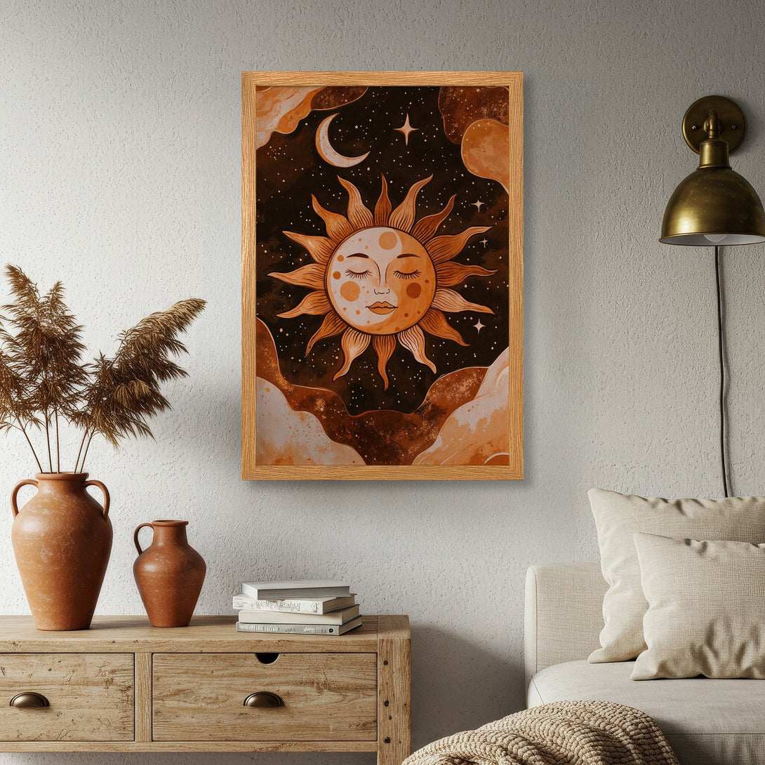 Framed Poster featuring a celestial design with a sun, moon, and stars. Warm, earthy tones create a boho, mystical aesthetic.