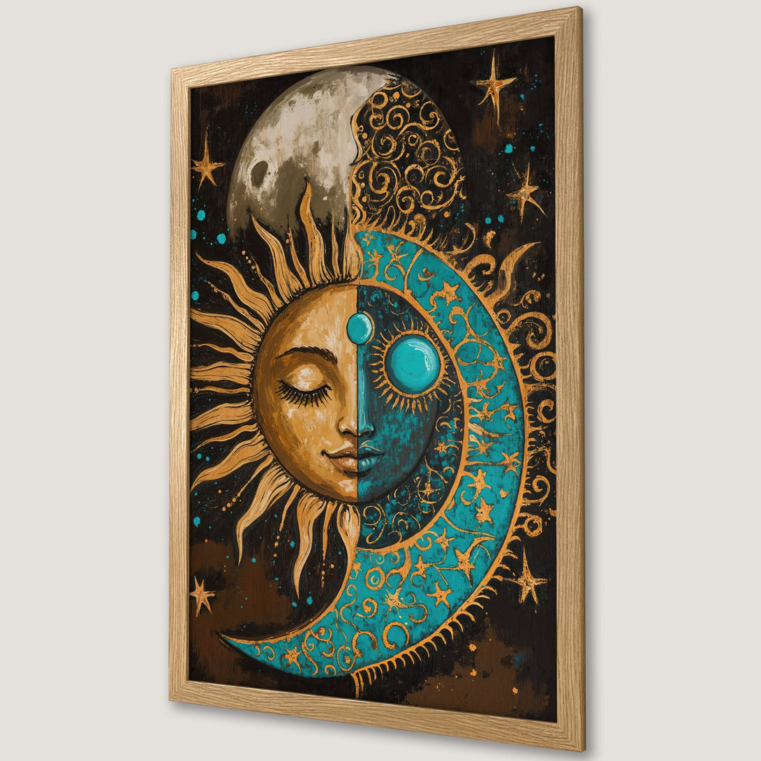 Framed Poster featuring a celestial sun and moon design in a mystical, bohemian style with gold, teal, and brown tones. Perfect wall art!