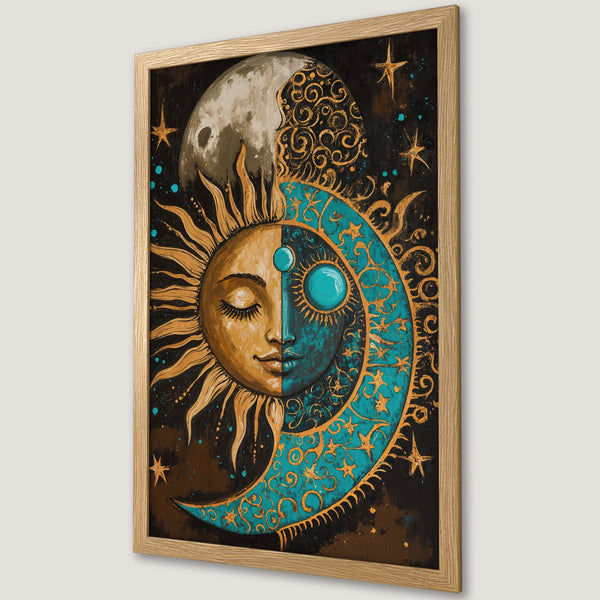 Framed Poster featuring a celestial sun and moon design in a mystical, bohemian style with gold, teal, and brown tones. Perfect wall art!