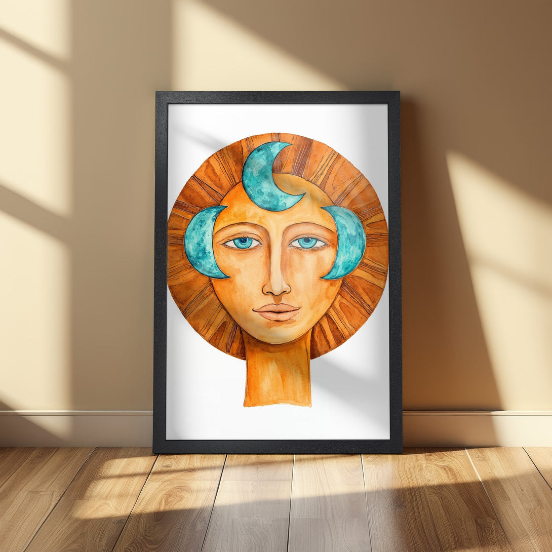 Framed Poster featuring a watercolor illustration of a face with a sunburst design, teal accents, and warm orange tones. Perfect wall art!