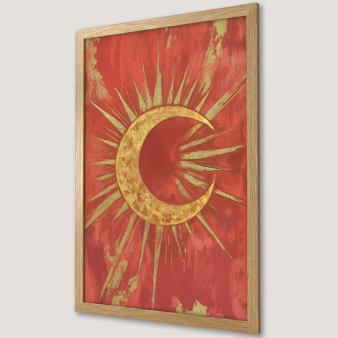 Framed Poster featuring a gold crescent moon design on a red background. Abstract style, warm color palette. Perfect wall art!
