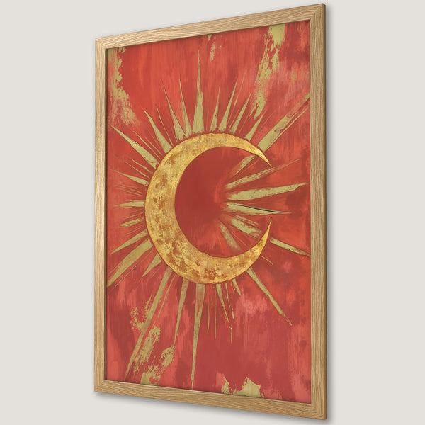 Framed Poster featuring a gold crescent moon design on a red background. Abstract style, warm color palette. Perfect wall art!