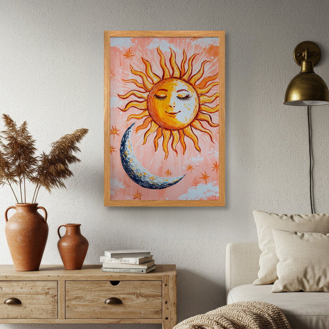 Framed Poster featuring a whimsical sun and moon illustration in a warm, peachy color palette. Perfect for adding a touch of boho style to your space.