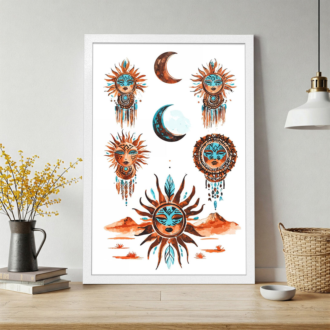 Framed Poster featuring watercolor sun and moon art in boho style with orange, blue, and brown tones. Perfect wall decor!