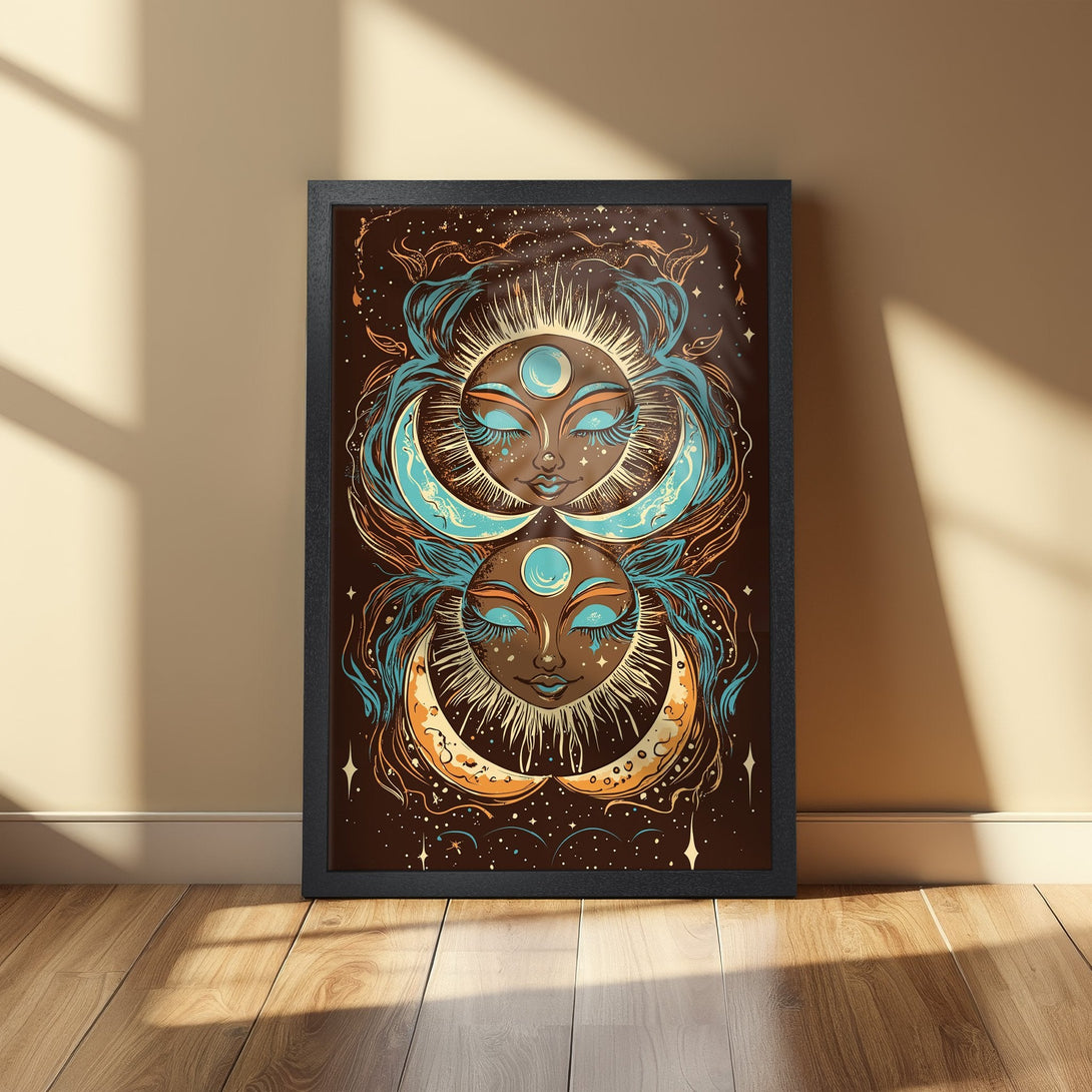 Framed Poster featuring celestial art in brown, teal, and gold. Modern, mystical style perfect for home decor.