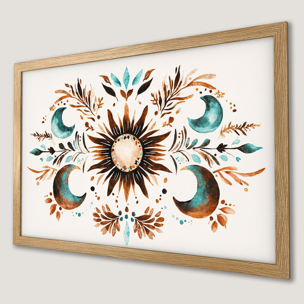 Framed Poster featuring watercolor sun, moons, and foliage in earthy tones. Boho art for your home!