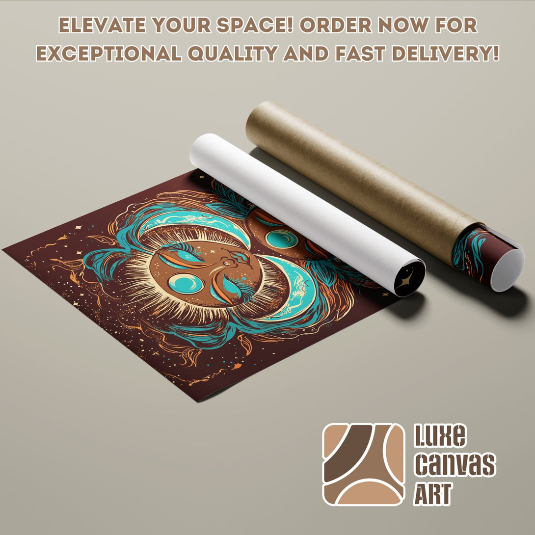 Poster Roll featuring a celestial design in teal and brown tones. Modern art style, perfect for home decor!