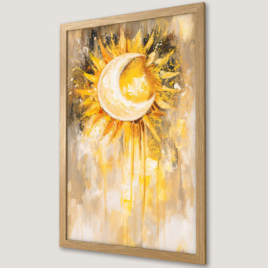 Framed Poster featuring a sun and moon abstract art piece in a warm yellow and brown color palette, perfect for wall decor.