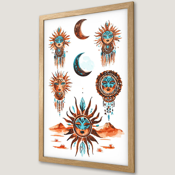 Framed Poster featuring watercolor sun and moon art in a boho style with orange and blue tones. Perfect wall decor!