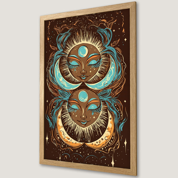 Framed Poster featuring celestial art in warm brown, teal, and gold tones. Perfect wall decor for a bohemian vibe.