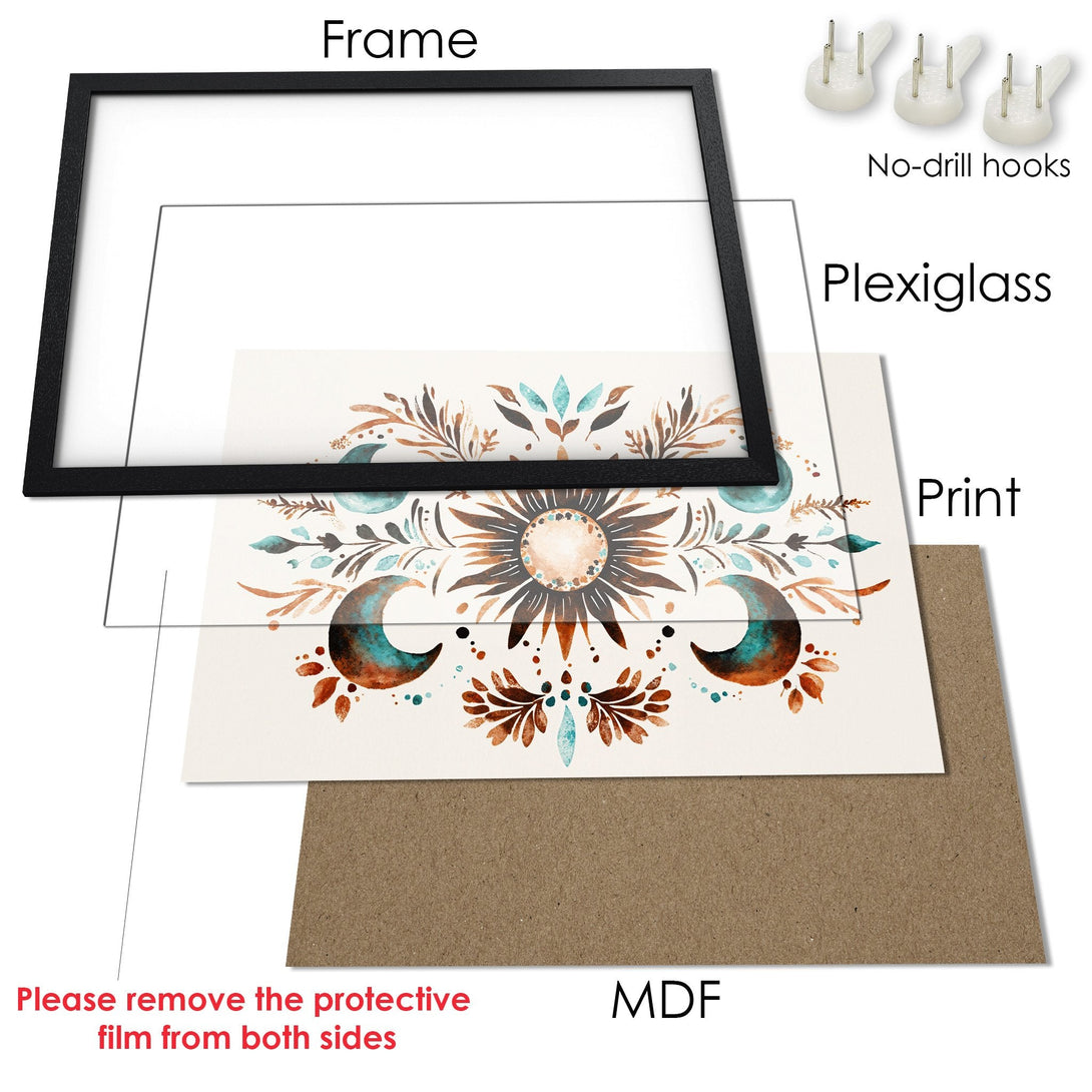 Framed Poster with celestial watercolor art in teal, brown, and beige. Perfect wall decor for any room!